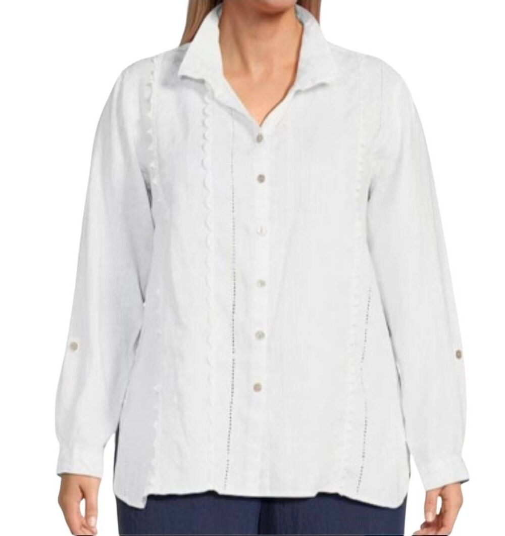 John Mark XL White Linen Button Down Shirt Decorative Lace Front Roll Tab EUC